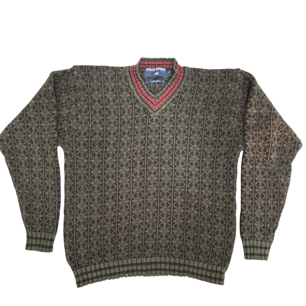 Vintage Polo Sport Ralph Lauren Sweater Men L Green Knit Knit Made in Hong Kong